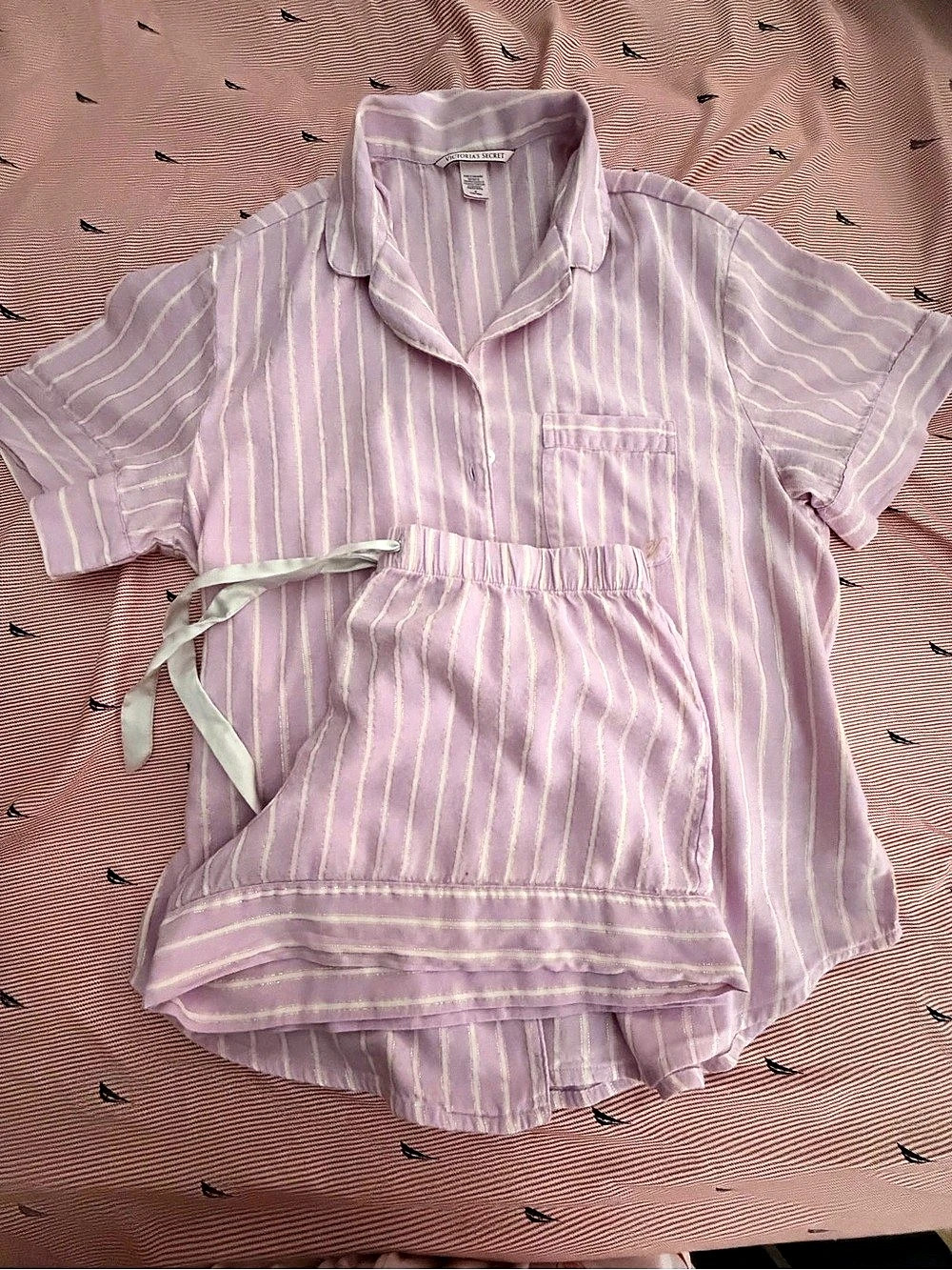 Victoria's Secret Short PJ Set Stripe Striped Pajama Set Purple & White Medium